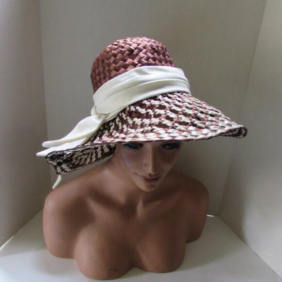 SALE Vintage High Crown Wide Brim Hat by Kutz Chocolate Brown & White main image 12